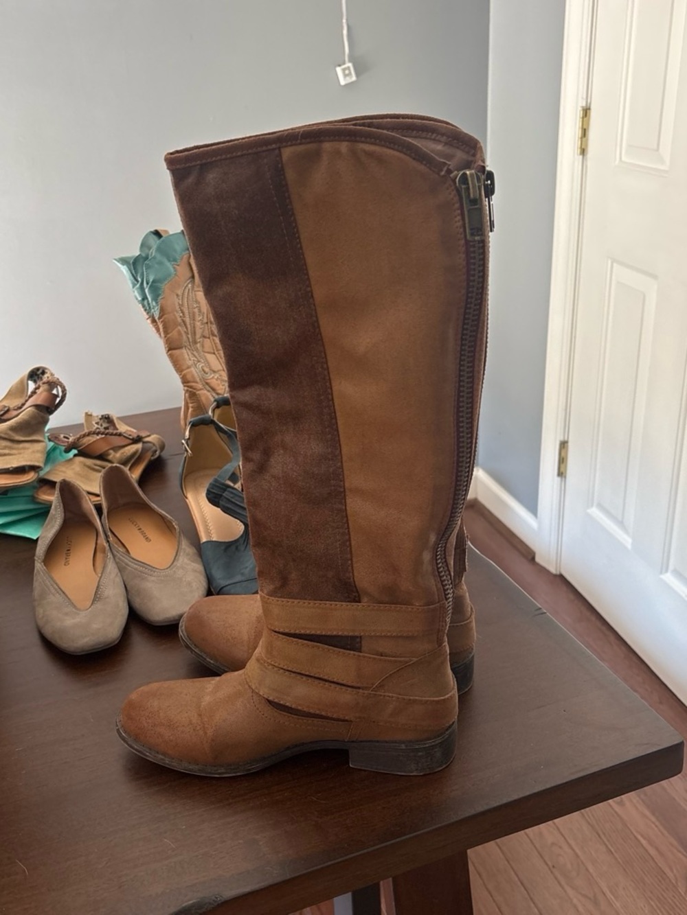 Chestnut Two-Tone Suede & Leather Knee-High Boots with Side Zip
